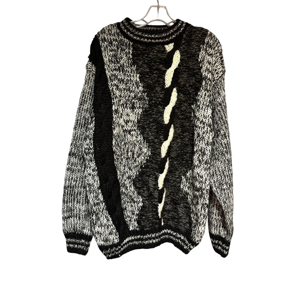 Royal Scott Sweater Mens XL Abstract Cable Knit Black White Grey 90s Coogi Style